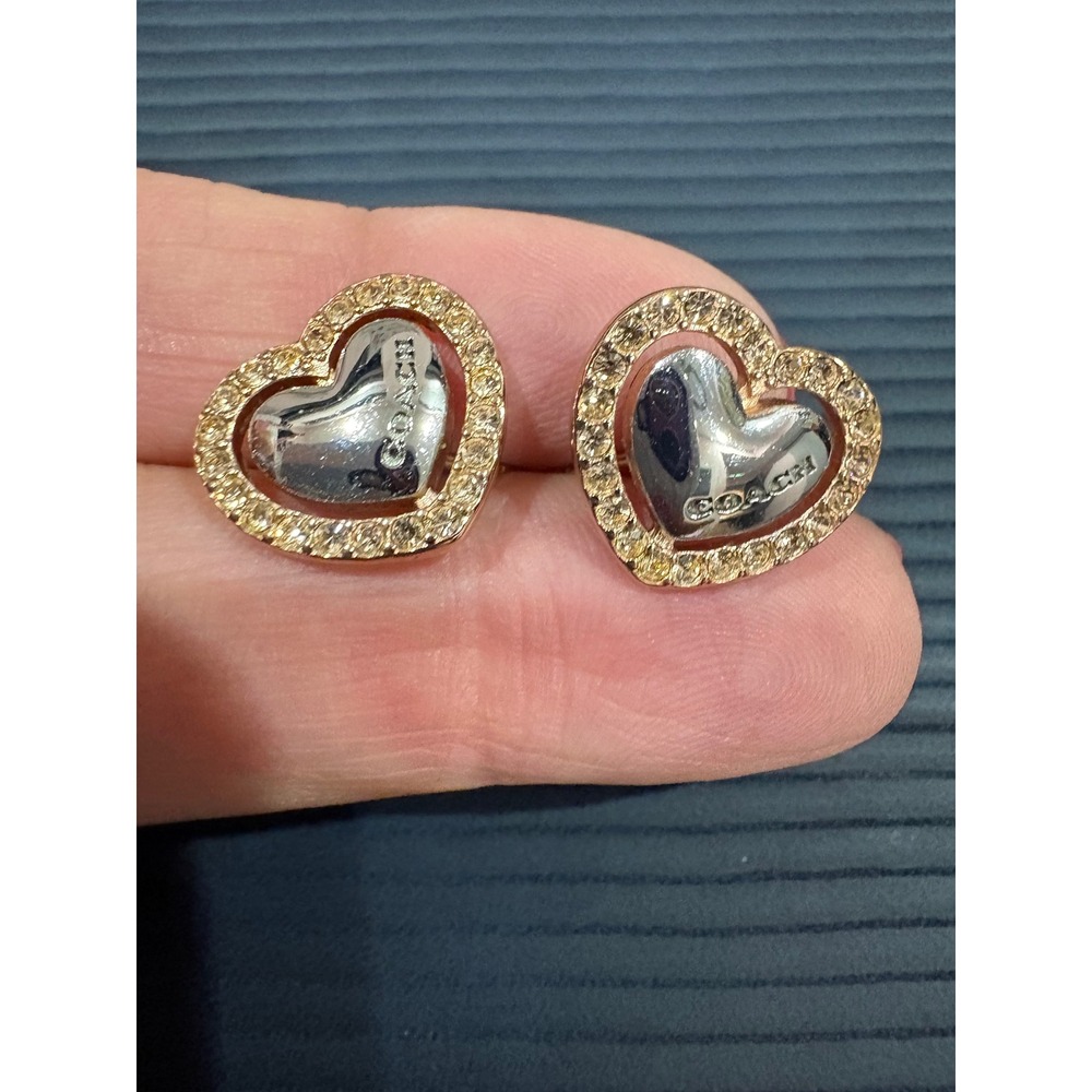 Coach Open Heart Stud Earrings Mixed Metal Rose Gold Silver Tone Crystal Pavรฉ